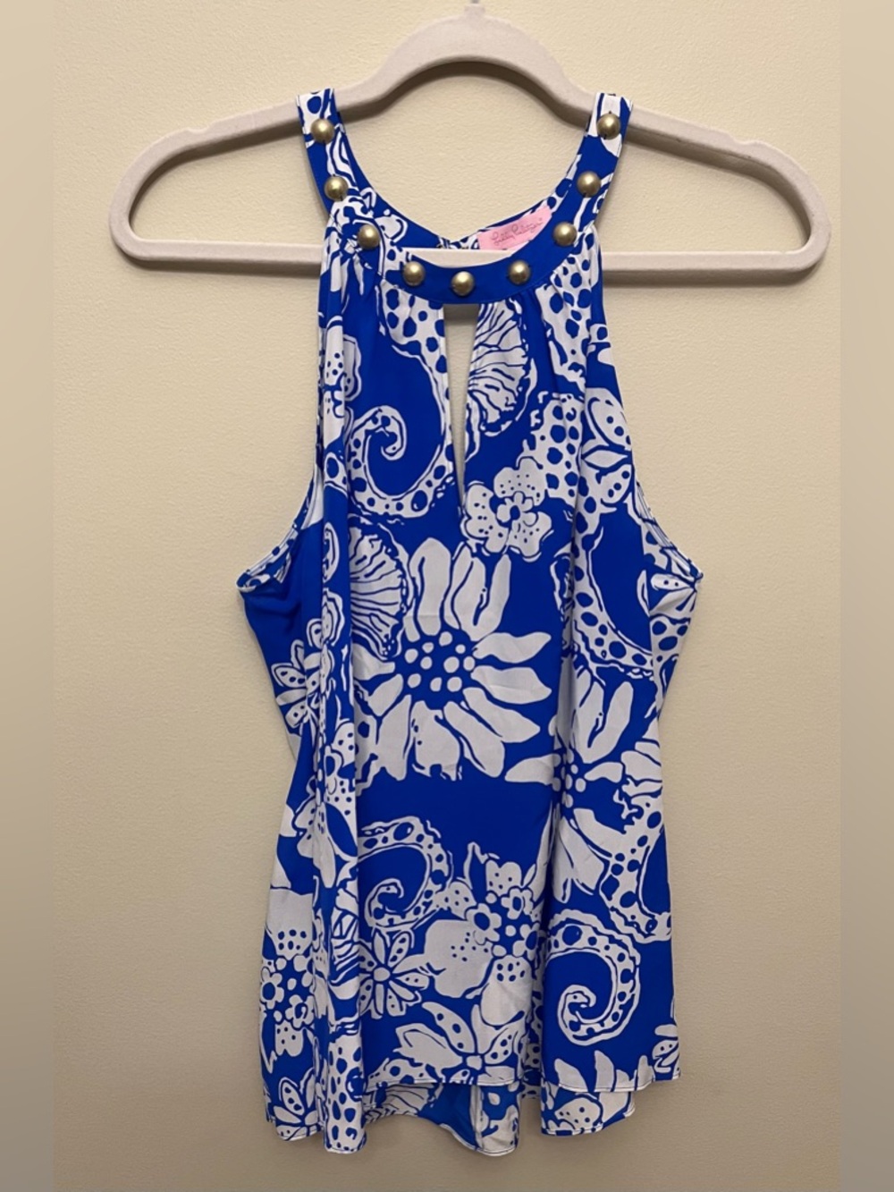 Lilly Pulitzer Rogan 100% Silk Studded Halter Top Women's Size Large Blue White